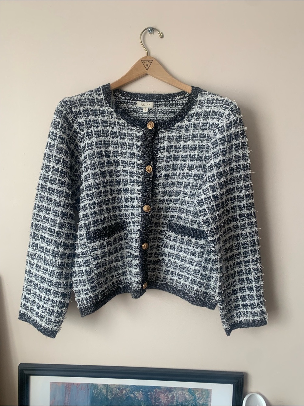 Classic Navy & White Tweed Cardigan Sweater